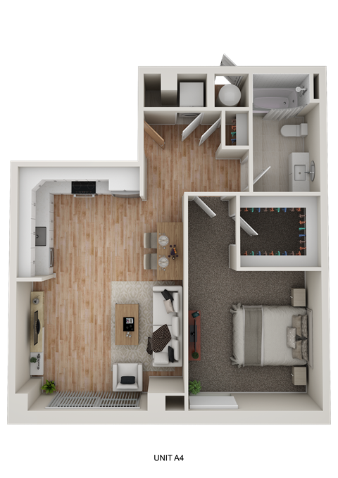 Floor plan for 1 bed, 1 bath, 748 sqft